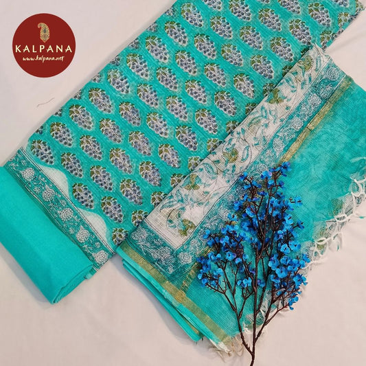 Shirt: Aquamarine Coloured Printed Blended Silk Kota Unstitched Suit and Border.
Dupatta: Aquamarine Color Printed Silk Kota Dupatta.
Bottom: Aquamarine Blended Silk Kota Bottom.
Perfect for Semi,Formal,Wear. 
Recommended for Summer season(s). Dry Clean Only
Shirt Fabric: 2.5 mts
Salwar Fabric: 2.4 mts
Dupatta: 2.4 mts
Country Of Origin:India
Weight: 500 gms