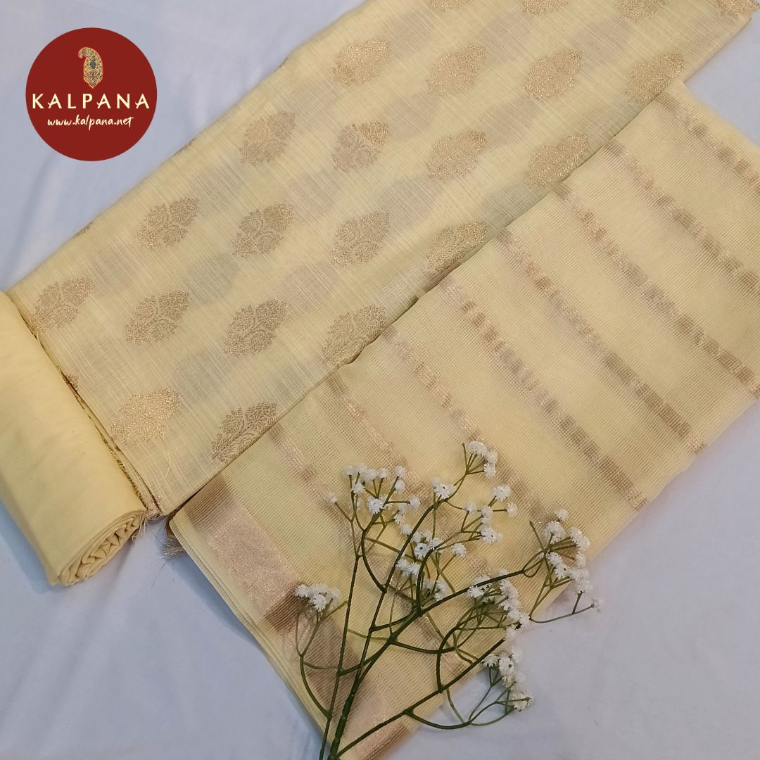 Shirt: Light Yellow Coloured Woven Zari Blended SICO Cotton Unstitched Suit.
Dupatta: Woven Zari Light Yellow Color SICO Cotton Dupatta.
Bottom: Plain Light Yellow Blended SICO Cotton Bottom.
Perfect for Semi,Formal,Wear. 
Recommended for Summer season(s). Dry Clean Only
Shirt Fabric: 2.5 mts
Salwar Fabric: 2.4 mts
Dupatta: 2.4 mts
Country Of Origin:India
Weight: 500 gms