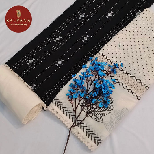 Shirt: Black Coloured Embroided Handloom Pure Cotton Unstitched Suit.
Dupatta: Embroidered White Color Handloom Cotton Dupatta.
Bottom: Plain White Pure Cotton Bottom.
Perfect for Semi,Formal,Wear. 
Recommended for Summer season(s). Dry Clean Only
Shirt Fabric: 2.5 mts
Salwar Fabric: 2.4 mts
Dupatta: 2.4 mts
Country Of Origin:India
Weight: 500 gms