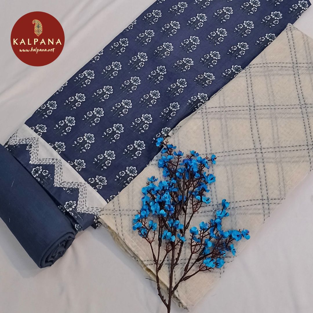 Shirt: Blue Coloured Printed With Embroidery Pure Cotton Unstitched Suit.
Dupatta: Blue Color Printed With Embroidery Cotton Dupatta.
Bottom: Blue Pure Cotton Bottom.
Perfect for Semi,Formal,Wear. 
Recommended for Summer season(s). Dry Clean Only
Shirt Fabric: 2.5 mts
Salwar Fabric: 2.4 mts
Dupatta: 2.4 mts
Country Of Origin:India
Weight: 500 gms