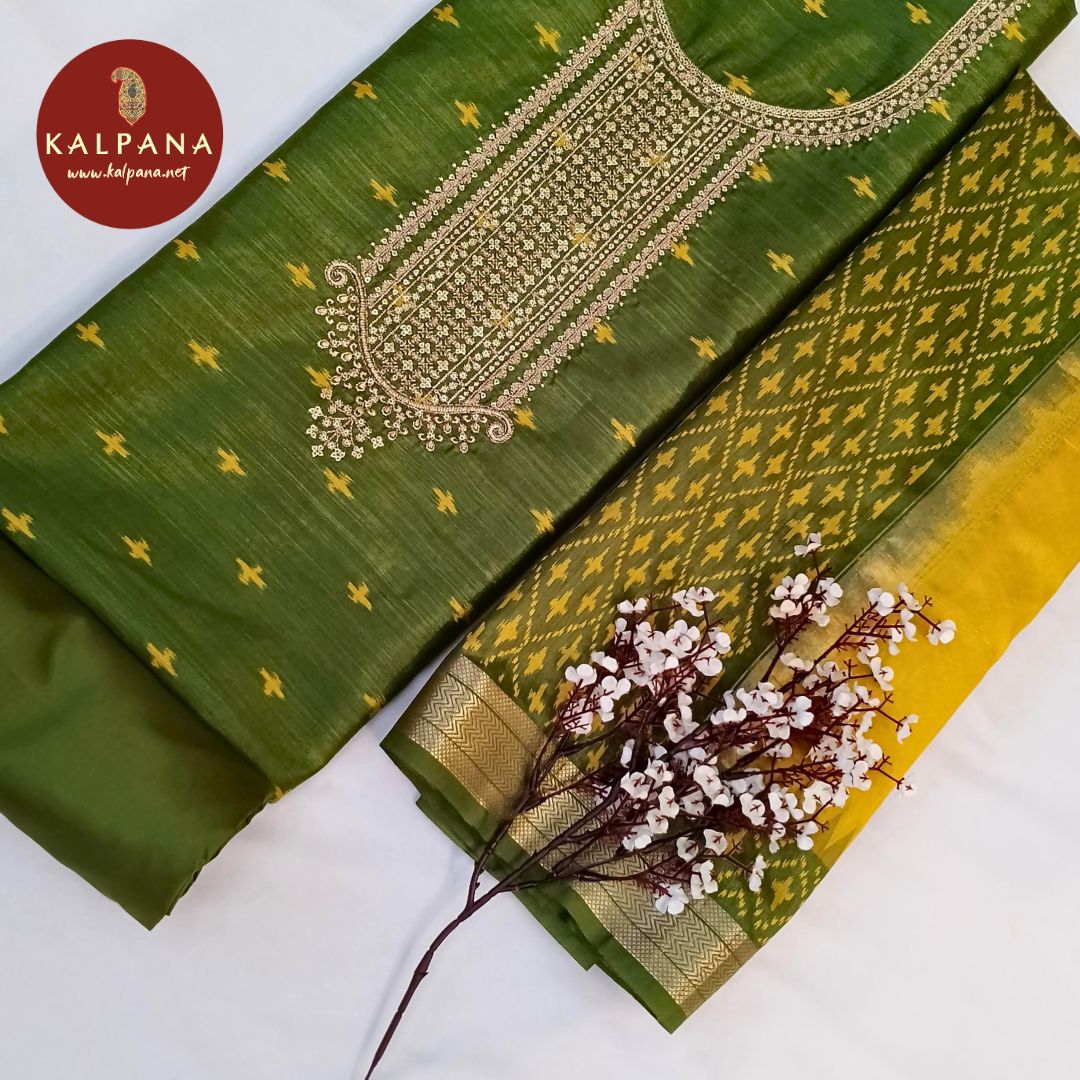 Shirt: Green Coloured Embroided Blended Cotton Tusser Unstitched Suit.
Dupatta: Green Color Embroided Cotton Tusser Dupatta.
Bottom: Green Blended Cotton Tusser Bottom.
Perfect for Semi,Formal,Wear. 
Recommended for Summer season(s). Dry Clean Only
Shirt Fabric: 2.5 mts
Salwar Fabric: 2.4 mts
Dupatta: 2.4 mts
Country Of Origin:India
Weight: 500 gms