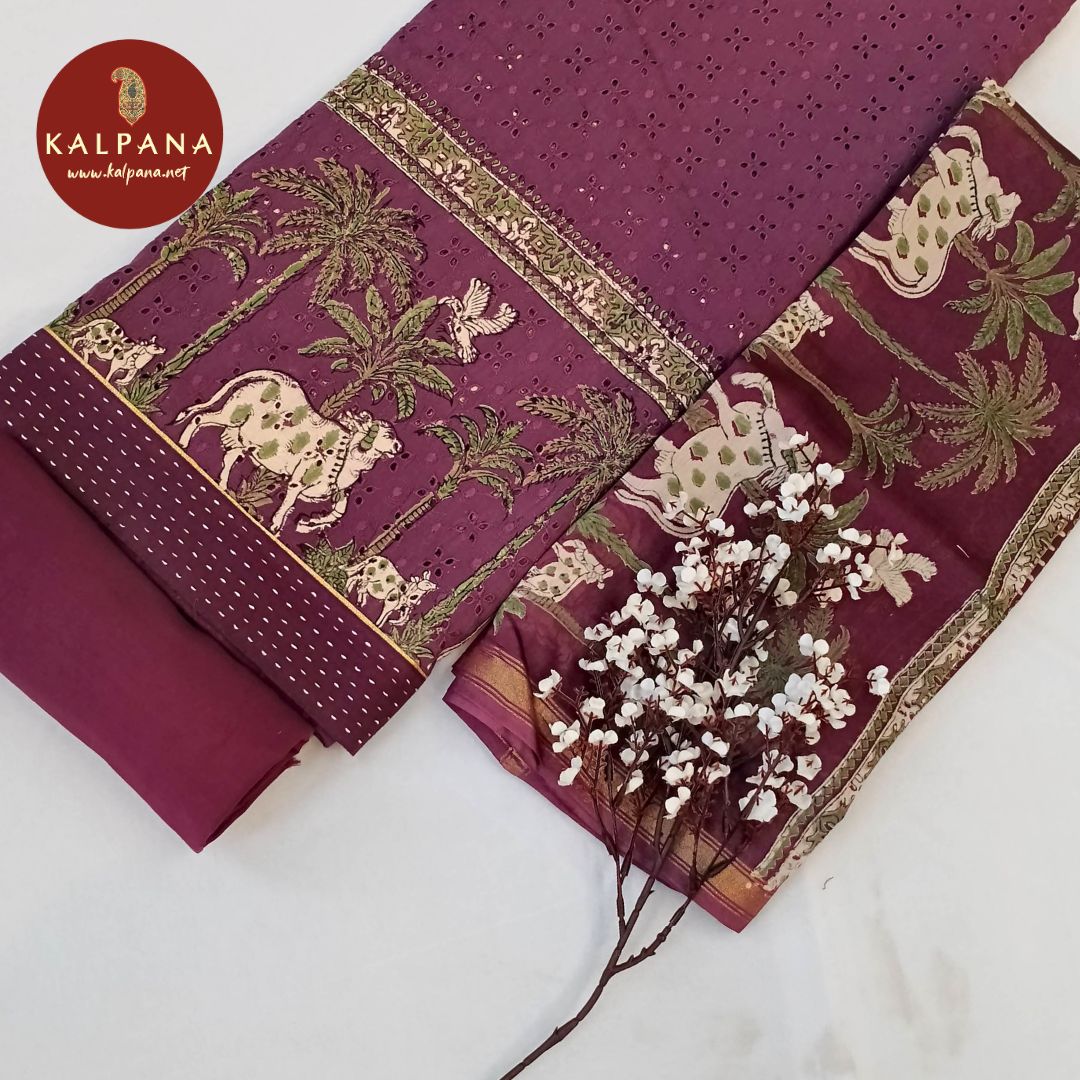Shirt: Wine Coloured Printed With Embroidery Pure Cotton Unstitched Suit and Border.
Dupatta: Wine Color Printed With Embroidery Cotton Dupatta.
Bottom: Wine Blended Cotton Bottom.
Perfect for Semi,Formal,Wear. 
Recommended for Summer season(s). Dry Clean Only
Shirt Fabric: 2.5 mts
Salwar Fabric: 2.4 mts
Dupatta: 2.4 mts
Country Of Origin:India
Weight: 500 gms