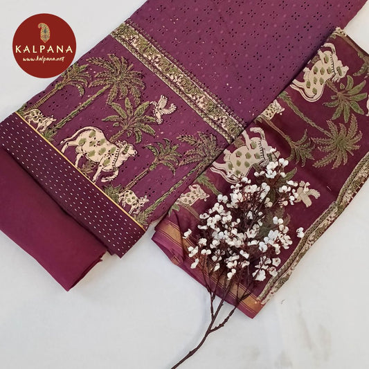 Shirt: Wine Coloured Printed With Embroidery Pure Cotton Unstitched Suit and Border.
Dupatta: Wine Color Printed With Embroidery Cotton Dupatta.
Bottom: Wine Blended Cotton Bottom.
Perfect for Semi,Formal,Wear. 
Recommended for Summer season(s). Dry Clean Only
Shirt Fabric: 2.5 mts
Salwar Fabric: 2.4 mts
Dupatta: 2.4 mts
Country Of Origin:India
Weight: 500 gms