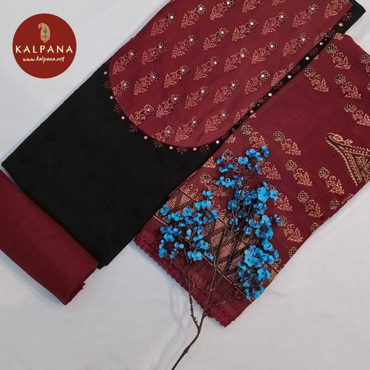 Shirt: Black Coloured Embroided Pure Cotton Unstitched Suit.
Dupatta: Printed Maroon Color Cotton Dupatta.
Bottom: Plain Maroon Pure Cotton Bottom.
Perfect for Semi,Formal,Wear. 
Recommended for Summer season(s). Dry Clean Only
Shirt Fabric: 2.5 mts
Salwar Fabric: 2.4 mts
Dupatta: 2.4 mts
Country Of Origin:India
Weight: 250 gms
