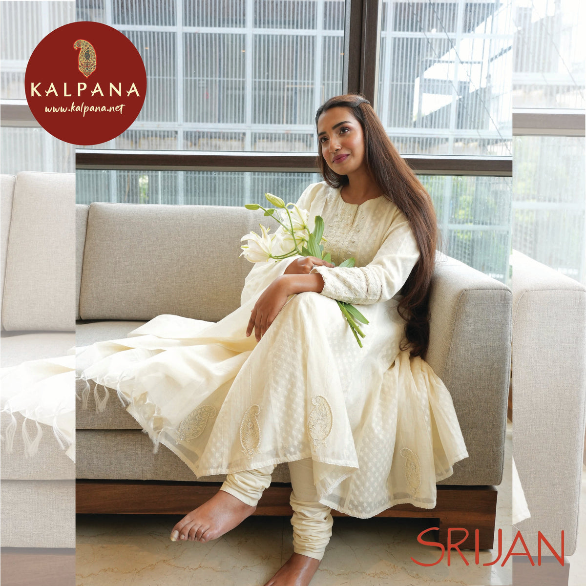 Large Kalidaar Applique Chanderi Salwar Kameez - Kalpana