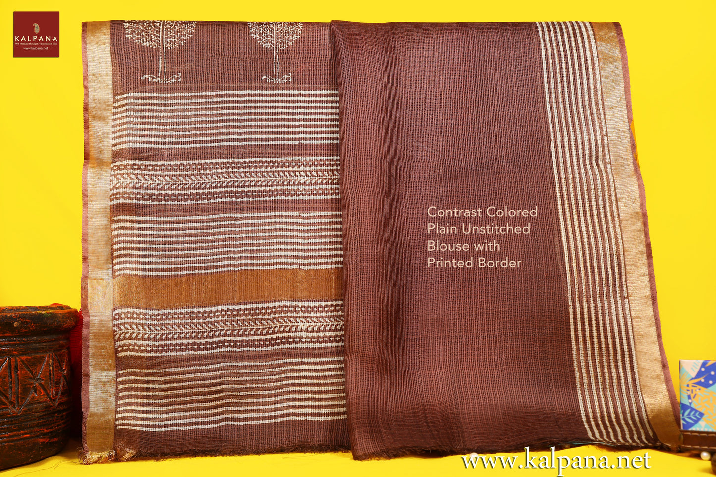 Discharge Printed Pure Silk Kota Saree with All Over Jaal and Printed Border. The Palla is Printed. It comes with Contrast Colored Plain Unstitched Blouse with Printed Border. Perfect for Multi Occasion Wear. Printed Recommended for all season(s). Dry Clean Only