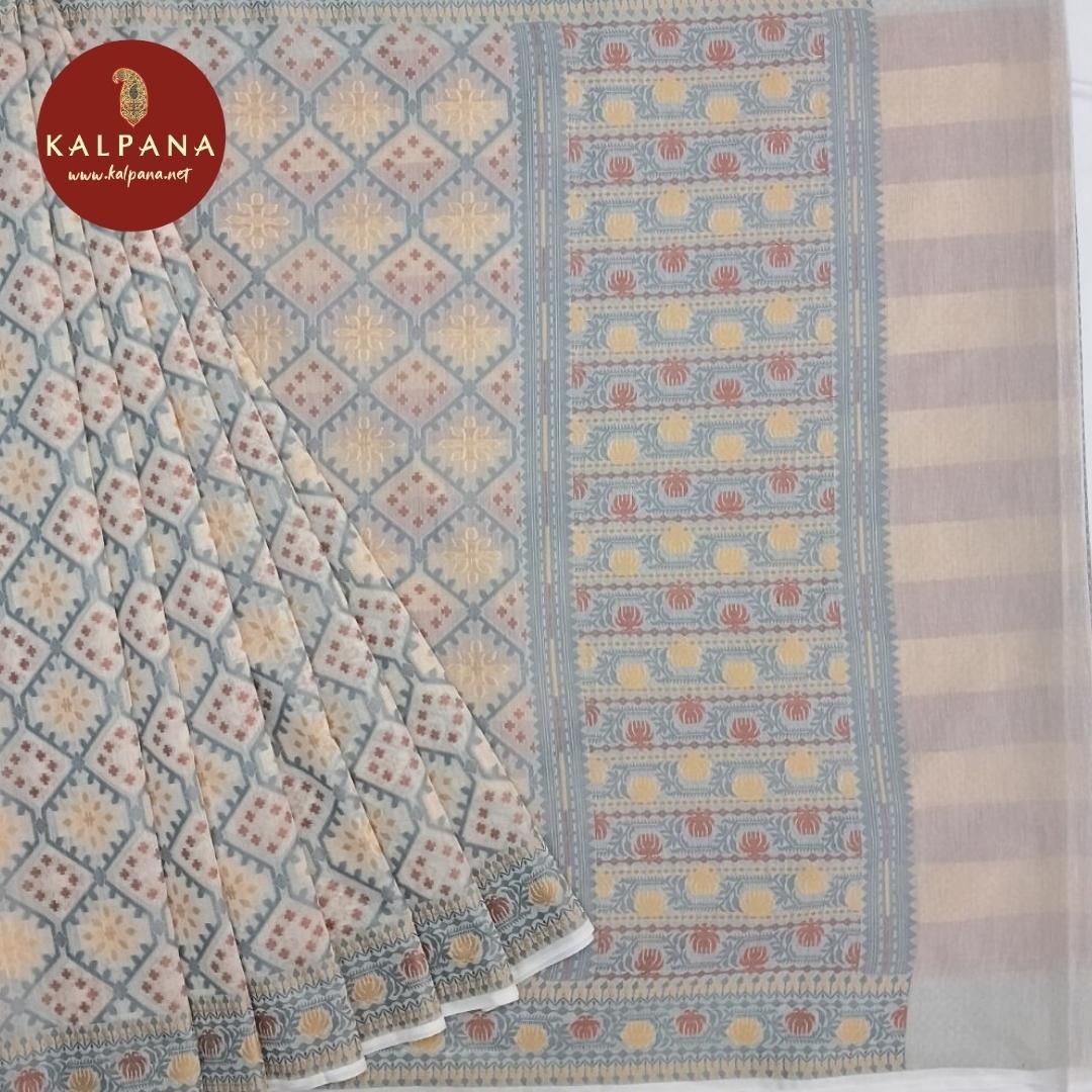 Off White Benarasi Woven Blended SICO Cotton Saree with Contrast Border. The Palla is Woven. The Self colored Woven Zari Unstitched Blouse has Perfect for Celebration Wear in Festive season(s). Dry Clean Only.
Saree 5.4 mts
Blouse 0.8 mts
Country Of Origin:India
Weight: 500 gms