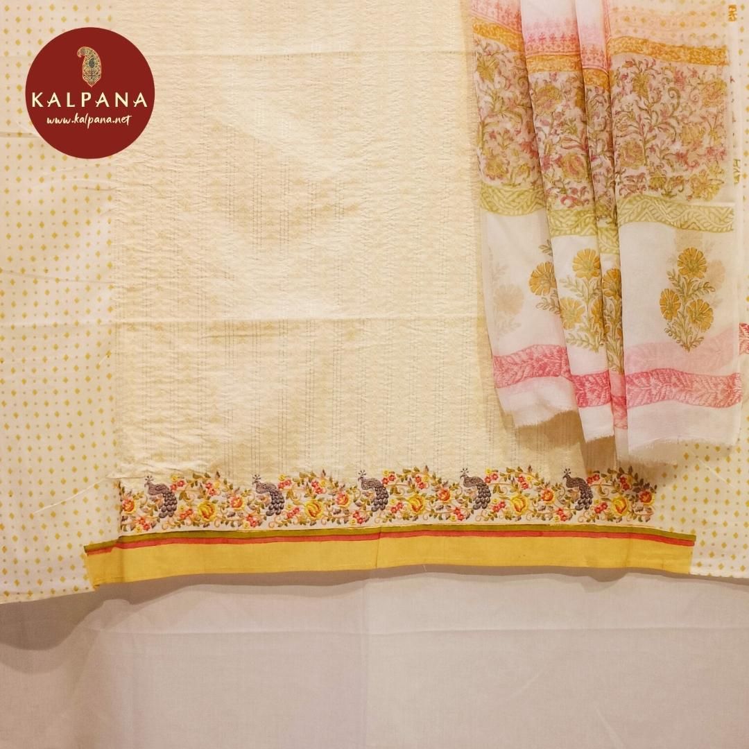 Shirt: Light Tussar Beige Coloured Resham Work Machine Work Pure Cotton Unstitched Suit with All Over Jaal and Embroidered Border..
Dupatta: Self Matched Light Tussar Beige Color Printed Georgette Dupatta with Printed Border.
Salwar: Light Tussar Beige Cotton.
Perfect for Semi Formal Wear.
Recommended for Summer season(s). Dry Clean Only
Shirt Fabric: 2.5 mts
Salwar Fabric: 2.4 mts
Dupatta: 2.4 mts
Country Of Origin:India
Weight: 450 gms
