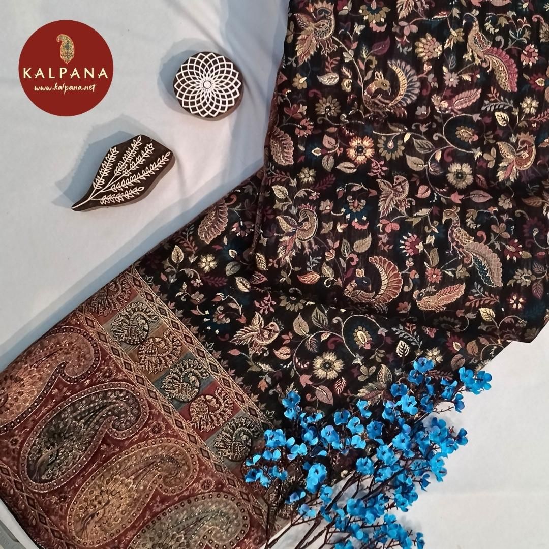 Black Kaani Handloom Pure Silk Saree with Woven Zari Border. The Palla is Woven Zari. The Contrast colored Woven Zari Unstitched Blouse with woven border has Woven Border Perfect for Multi Occasion Wear in Autumn & Winter season(s). Dry Clean Only.
Saree 5.4 mts
Blouse 0.8 mts
Country Of Origin:India
Weight: 500 gms