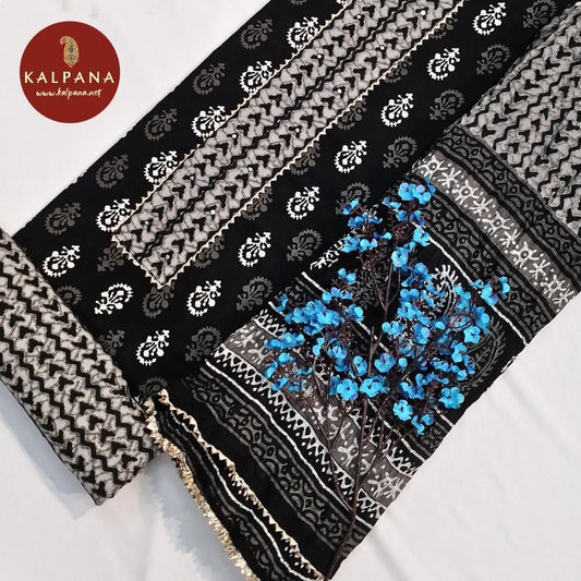 Shirt: Black Coloured Printed Pure Cotton Unstitched Suit with All Over Printed and Self Border..
Dupatta: Self Matched Black Color Printed Cotton Dupatta with Printed Border.
Salwar: Black Cotton.
Perfect for Semi Formal Wear. 
Recommended for Autumn & Winter season(s). Dry Clean Only
Shirt Fabric: 2.5 mts
Salwar Fabric: 2.4 mts
Dupatta: 2.4 mts
Country Of Origin:India
Weight: 500 gms