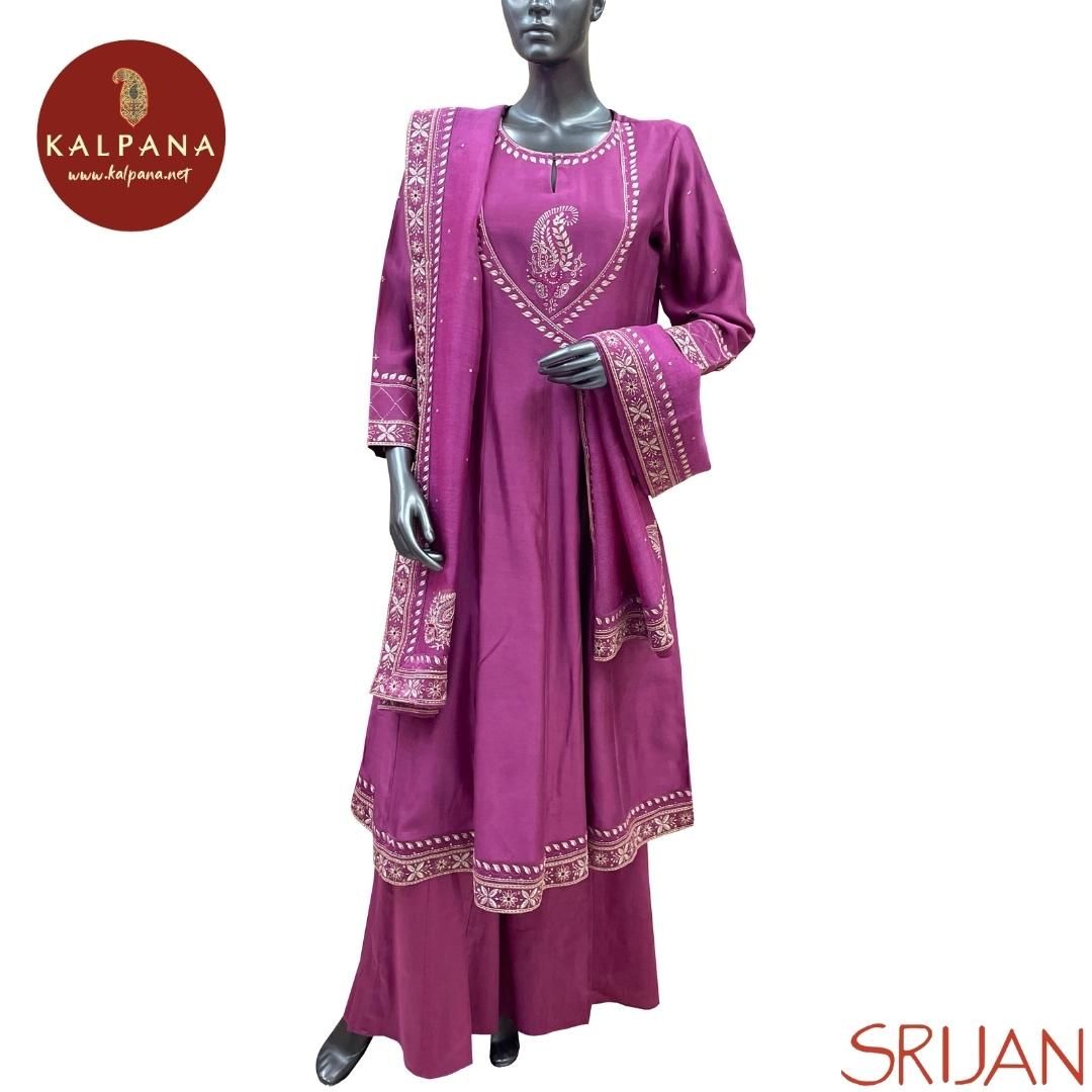 Top : Chikkankari Small Kalidaar Pure Chanderi Shirt with All Over Embroidery and Embroidered Border. The Neckline is Keyhole
Dupatta: It comes with Self matched Onion Purple color Embroidered Chikkan Super Net Dupatta with Embroidered Border.
Bottom : The Cotton Satin Farshi Pajama is Onion Purple.
Perfect for Semi Formal Wear. Recommended for Summer season(s). Dry Clean Only
Country Of Origin:India
Weight: 450 gms