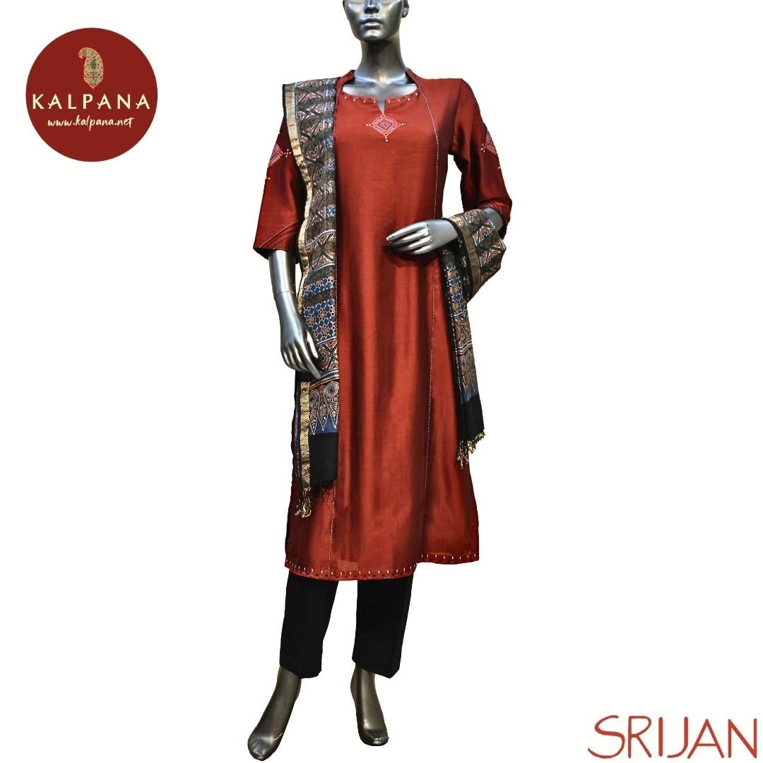 Top : Ajrakh Princess Line Pure Chanderi Shirt with All Over Embroidery and Self Border. The Neckline is Raised Neck
Dupatta: It comes with Self matched Black color Printed Ajrak Maheshwari Cotton Dupatta with Printed Palla & Border.
Bottom : The Cotton Satin Pant is Black.
Perfect for Semi Formal Wear. Recommended for Autumn & Winter season(s). Dry Clean Only
Country Of Origin:India
Weight: 500 gms