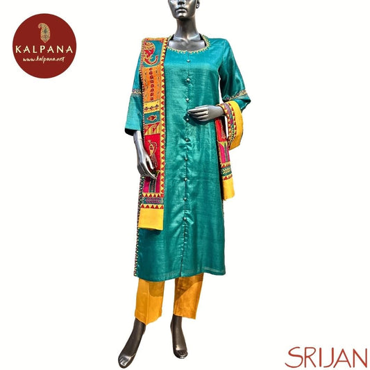 Top : Madhubani A Line Pure Tussar Shirt with Front Open Plain with Embroidery and Self Border. The Neckline is U Neck
Dupatta: It comes with Contrast matched Turquoise Blue color Embroidered Chanderi Dupatta with Plain Border.
Bottom : The Turkey Silk Pant is Golden Yellow.
Perfect for Multi Occasion Wear. Recommended for Autumn & Winter season(s). Dry Clean Only
Country Of Origin:India
Weight: 500 gms