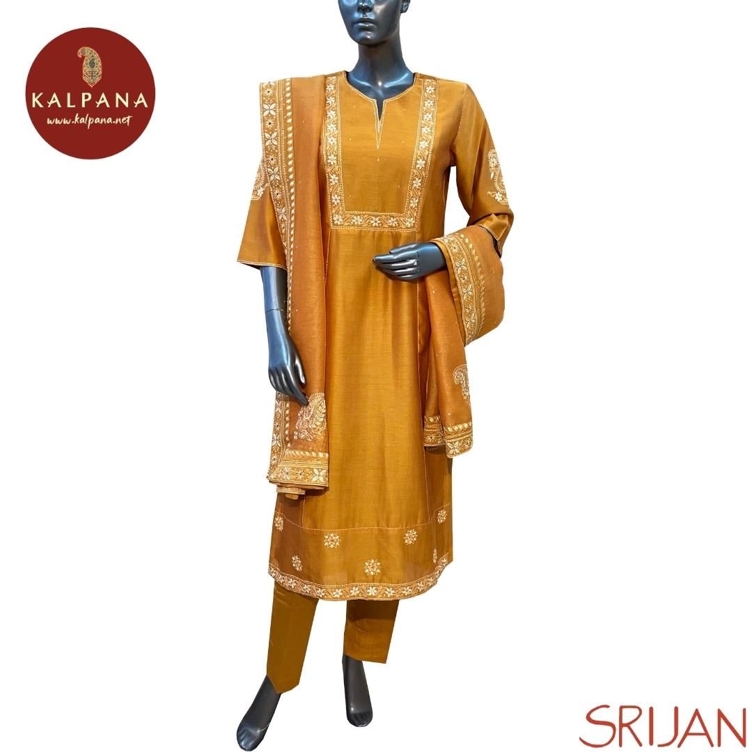 Top : Chikkankari Princess Line Pure Chanderi Shirt with All Over Embroidery and Embroidered Border. The Neckline is V Neck
Dupatta: It comes with Self matched Mustard Yellow color Embroidered Chikkan Super Net Dupatta with Embroidered Border.
Bottom : The Cotton Satin Pant is Mustard Yellow.
Perfect for Semi Formal Wear. Recommended for Summer season(s). Dry Clean Only
Country Of Origin:India
Weight: 450 gms