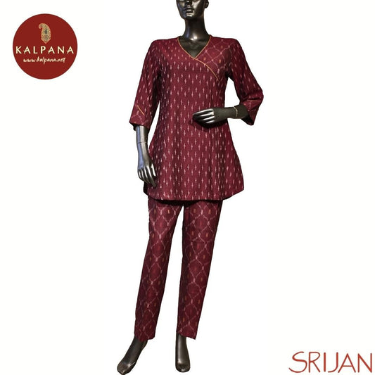 Top : Ikat Princess Line Pure Cotton Shirt with All Over Printed. The Neckline is V Neck
Bottom : The Cotton Pant is Maroon Red.
Perfect for Semi Formal Wear. Recommended for Summer season(s). Dry Clean Only
Country Of Origin:India
Weight: 450 gms