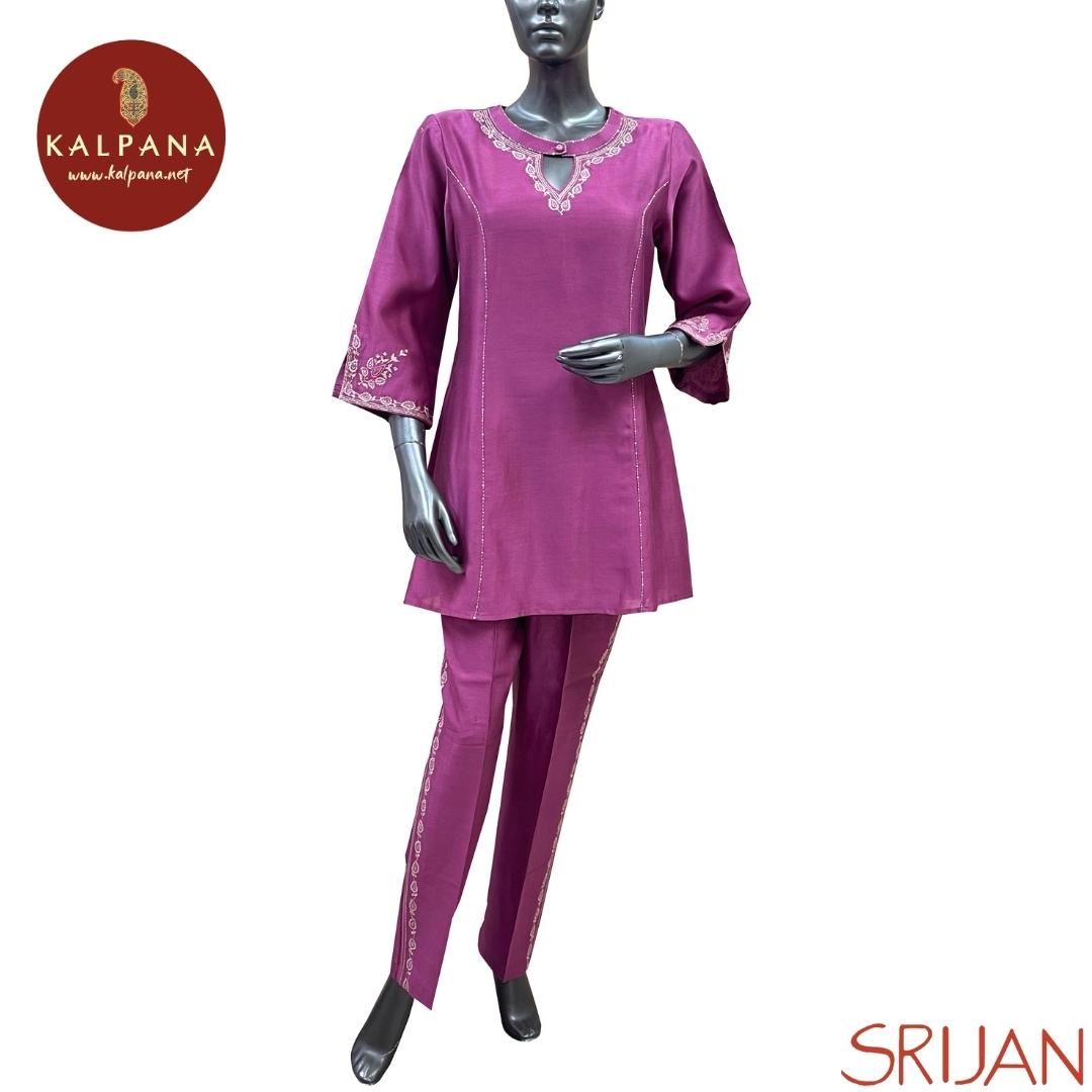 Top : Chikkankari Princess Line Pure Chanderi Shirt with All Over Embroidery and Embroidered Border. The Neckline is Keyhole
Bottom : The Cotton Satin Pant is Onion Purple.
Perfect for Semi Formal Wear. Recommended for Summer season(s). Dry Clean Only
Country Of Origin:India
Weight: 200 gms