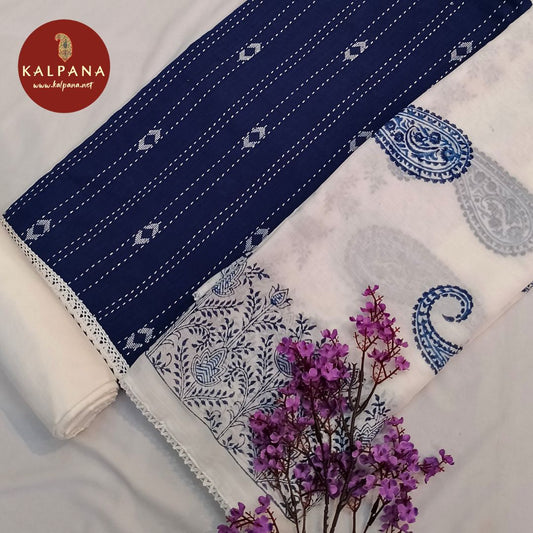 Shirt: Navy Coloured Embroided Pure Cotton Unstitched Suit and Embroidered Border.
Dupatta: Printed White Color Cotton Dupatta.
Bottom: Printed White Pure Cotton Bottom.
Perfect for Semi,Formal,Wear. 
Recommended for Summer season(s). Dry Clean Only
Shirt Fabric: 2.5 mts
Salwar Fabric: 2.4 mts
Dupatta: 2.4 mts
Country Of Origin:India
Weight: 250 gms