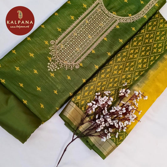 Shirt: Green Coloured Embroided Blended Cotton Tusser Unstitched Suit.
Dupatta: Green Color Embroided Cotton Tusser Dupatta.
Bottom: Green Blended Cotton Tusser Bottom.
Perfect for Semi,Formal,Wear. 
Recommended for Summer season(s). Dry Clean Only
Shirt Fabric: 2.5 mts
Salwar Fabric: 2.4 mts
Dupatta: 2.4 mts
Country Of Origin:India
Weight: 500 gms