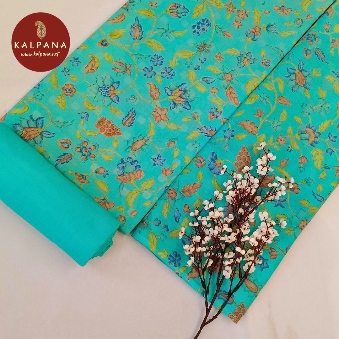 Shirt: Turquoise Coloured Printed Pure Cotton Unstitched Suit.
Dupatta: Turquoise Color Printed Cotton Dupatta.
Bottom: Turquoise Pure Cotton Bottom.
Perfect for Semi,Formal,Wear. 
Recommended for Summer season(s). Dry Clean Only
Shirt Fabric: 2.5 mts
Salwar Fabric: 2.4 mts
Dupatta: 2.4 mts
Country Of Origin:India
Weight: 500 gms