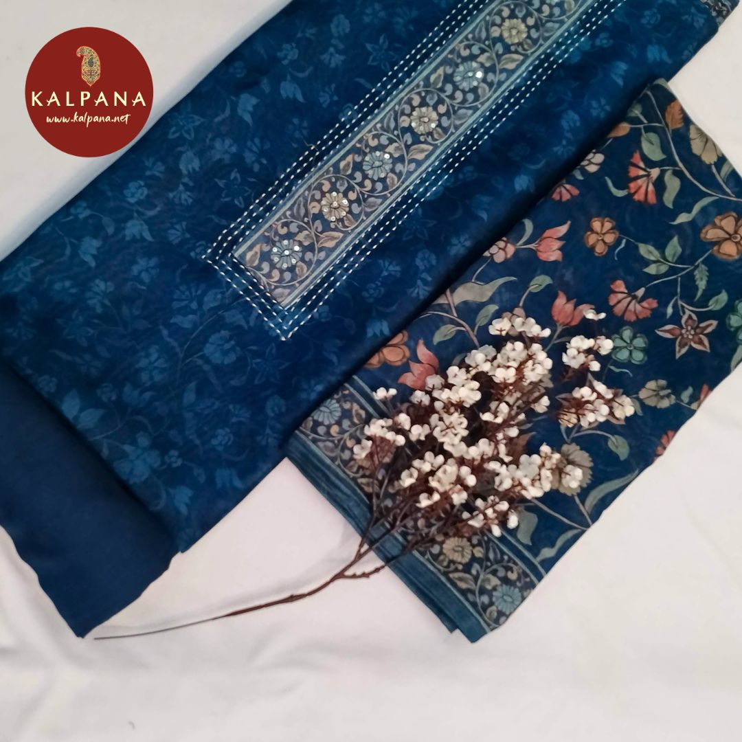 Shirt: Blue Coloured Printed With Embroidery Blended SICO Cotton Unstitched Suit and Border.
Dupatta: Blue Color Printed With Embroidery SICO Cotton Dupatta.
Bottom: Blue Blended SICO Cotton Bottom.
Perfect for Semi,Formal,Wear. 
Recommended for Summer season(s). Dry Clean Only
Shirt Fabric: 2.5 mts
Salwar Fabric: 2.4 mts
Dupatta: 2.4 mts
Country Of Origin:India
Weight: 500 gms