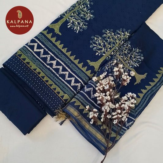 Shirt: Navy Coloured Printed With Embroidery Pure Cotton Unstitched Suit and Border.
Dupatta: Navy Color Printed Cotton Dupatta.
Bottom: Navy Pure Cotton Bottom.
Perfect for Semi,Formal,Wear. 
Recommended for Summer season(s). Dry Clean Only
Shirt Fabric: 2.5 mts
Salwar Fabric: 2.4 mts
Dupatta: 2.4 mts
Country Of Origin:India
Weight: 500 gms