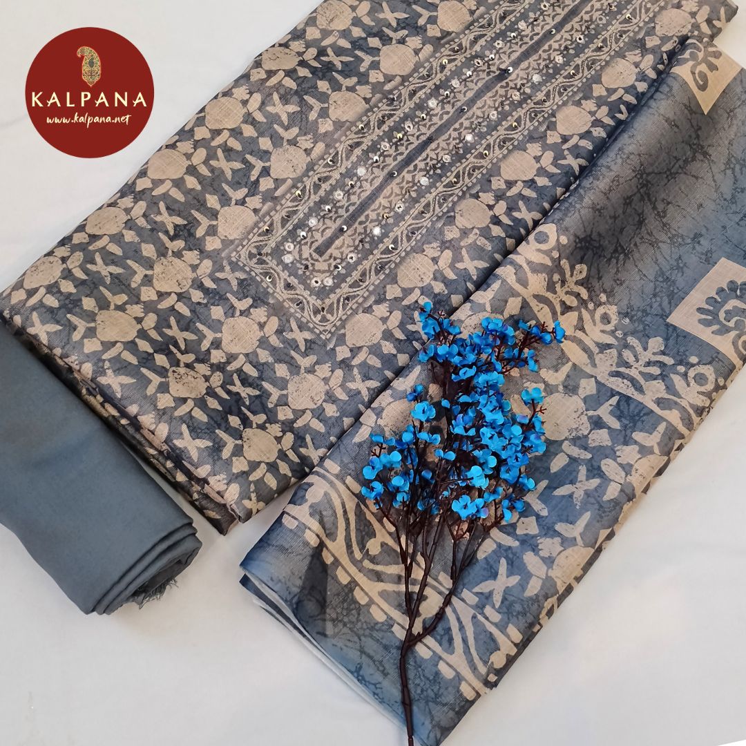 Shirt: Grey Coloured Printed With Embroidery Blended SICO Cotton Unstitched Suit and Border.
Dupatta: Grey Color Printed With Embroidery SICO Cotton Dupatta.
Bottom: Grey Blended SICO Cotton Bottom.
Perfect for Semi,Formal,Wear. 
Recommended for Summer season(s). Dry Clean Only
Shirt Fabric: 2.5 mts
Salwar Fabric: 2.4 mts
Dupatta: 2.4 mts
Country Of Origin:India
Weight: 500 gms