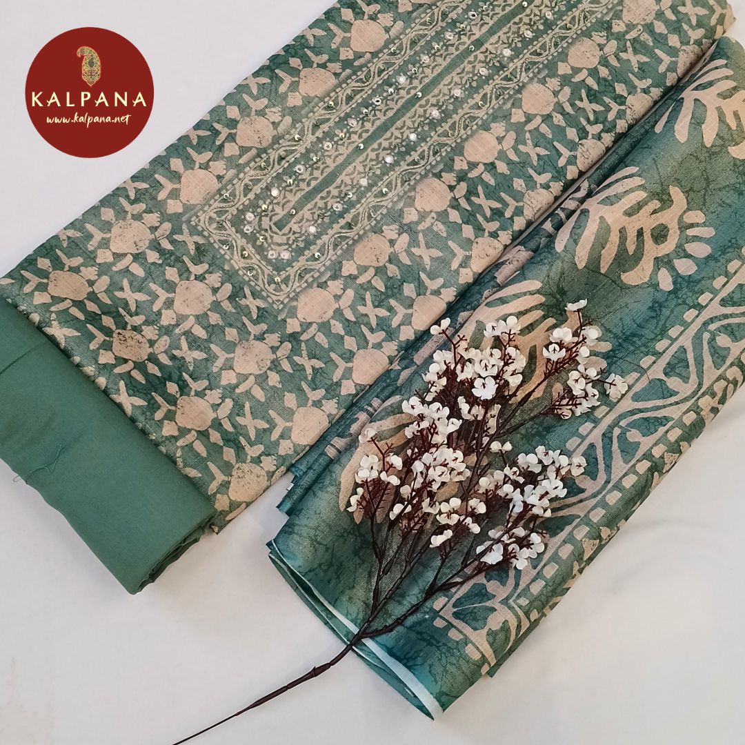 Shirt: Light Green Coloured Printed With Embroidery Blended SICO Cotton Unstitched Suit and Border.
Dupatta: Light Green Color Printed SICO Cotton Dupatta.
Bottom: Light Green Blended SICO Cotton Bottom.
Perfect for Semi,Formal,Wear. 
Recommended for Summer season(s). Dry Clean Only
Shirt Fabric: 2.5 mts
Salwar Fabric: 2.4 mts
Dupatta: 2.4 mts
Country Of Origin:India
Weight: 500 gms