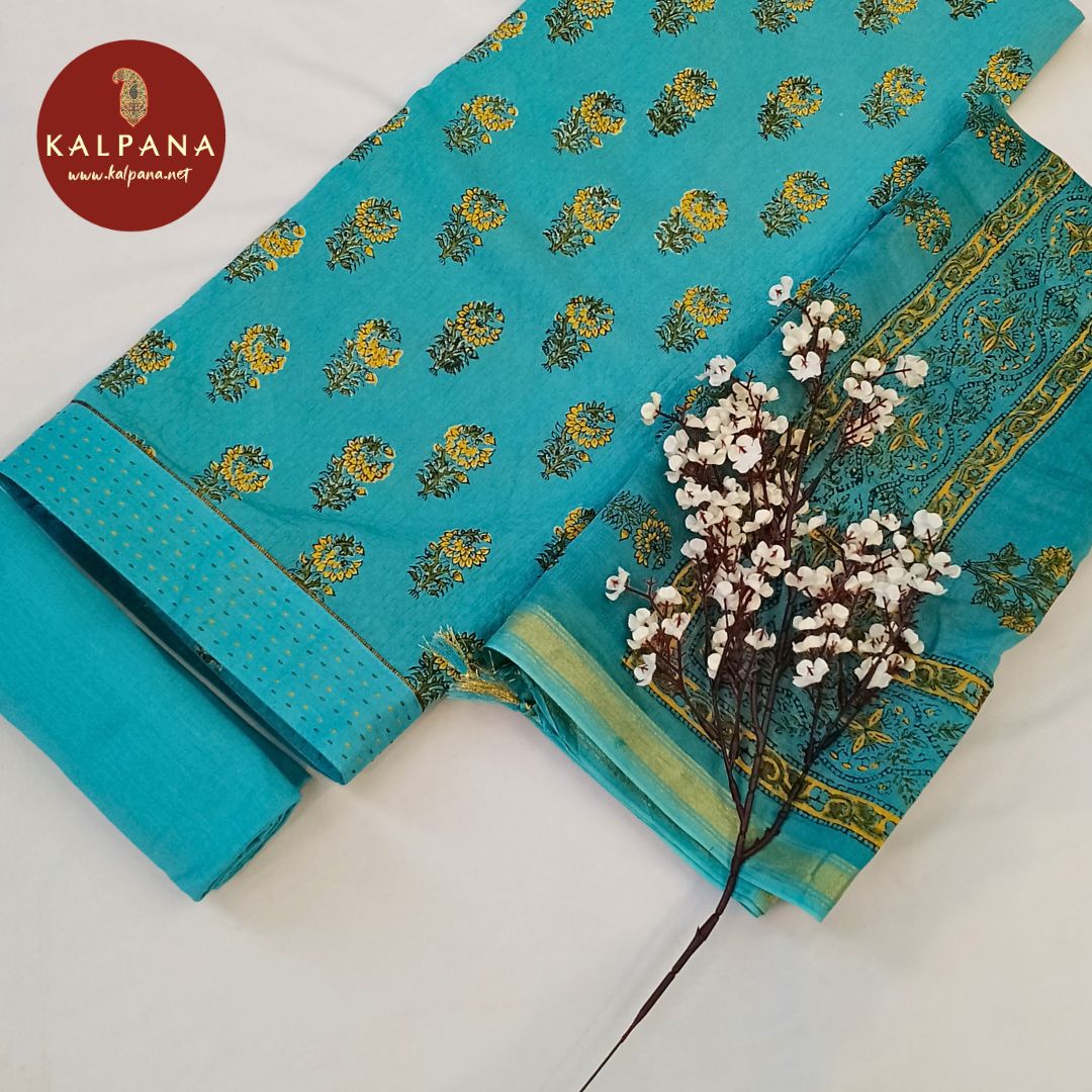 Shirt: Light Turquoise Coloured Printed With Embroidery Pure Cotton Unstitched Suit and Border.
Dupatta: Light Turquoise Color Printed Cotton Dupatta.
Bottom: Light Turquoise Pure Cotton Bottom.
Perfect for Semi,Formal,Wear. 
Recommended for Summer season(s). Dry Clean Only
Shirt Fabric: 2.5 mts
Salwar Fabric: 2.4 mts
Dupatta: 2.4 mts
Country Of Origin:India
Weight: 500 gms