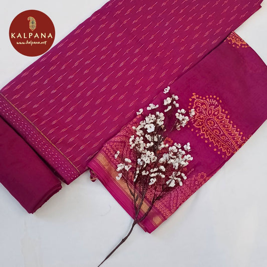 Shirt: Magenta Coloured Handloom Pure Cotton Unstitched Suit and Border.
Dupatta: Magenta Color Handloom Cotton Dupatta.
Bottom: Magenta Blended Cotton Bottom.
Perfect for Semi,Formal,Wear. 
Recommended for Summer season(s). Dry Clean Only
Shirt Fabric: 2.5 mts
Salwar Fabric: 2.4 mts
Dupatta: 2.4 mts
Country Of Origin:India
Weight: 500 gms