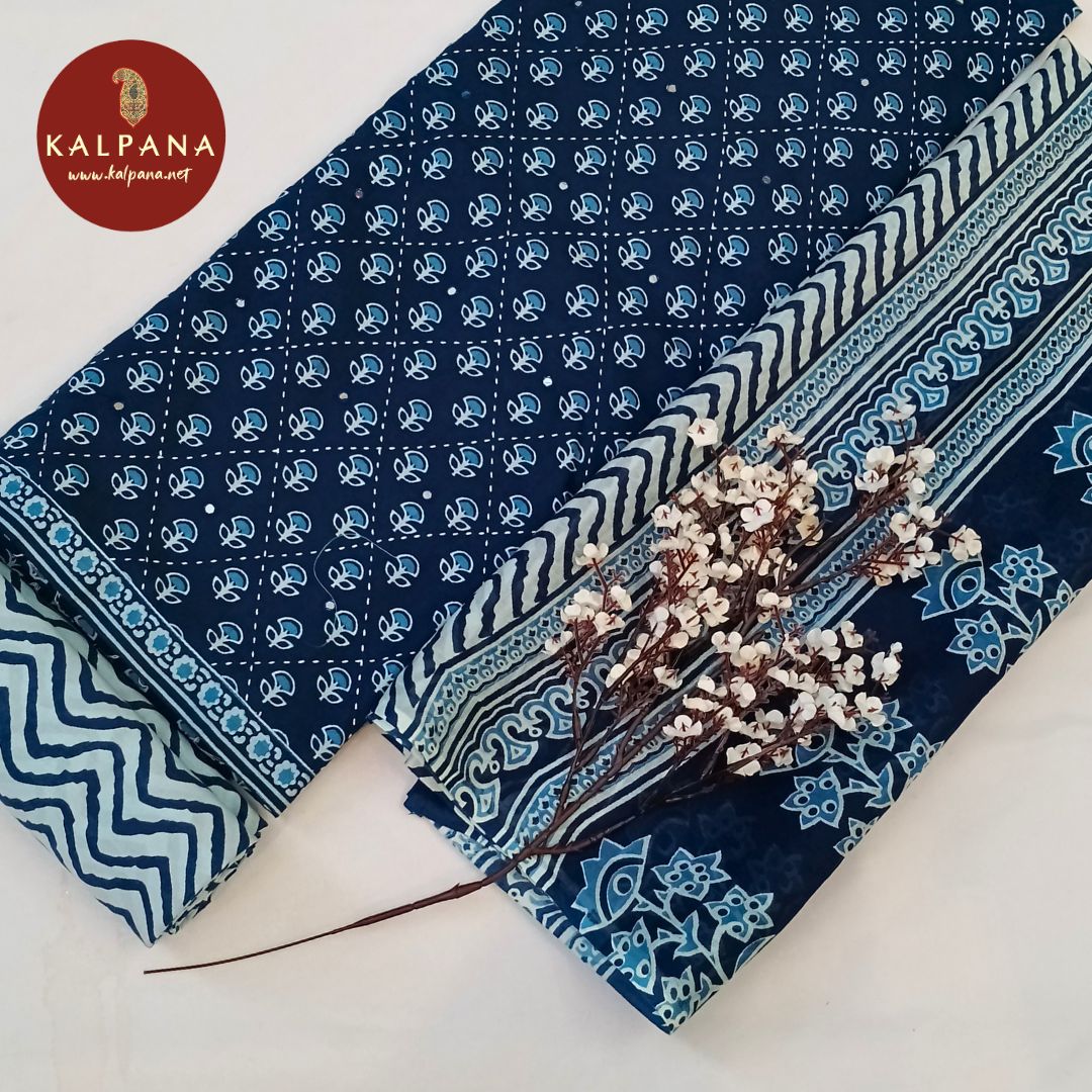Shirt: Dark Blue Coloured Printed With Embroidery Pure Cotton Unstitched Suit and Border.
Dupatta: Dark Blue Color Printed Cotton Dupatta.
Bottom: Dark Blue Pure Cotton Bottom.
Perfect for Semi,Formal,Wear. 
Recommended for Summer season(s). Dry Clean Only
Shirt Fabric: 2.5 mts
Salwar Fabric: 2.4 mts
Dupatta: 2.4 mts
Country Of Origin:India
Weight: 500 gms