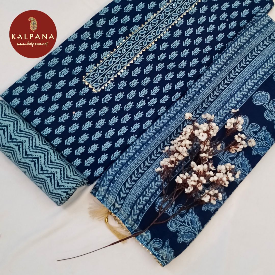 Shirt: Blue Coloured Printed With Embroidery Pure Cotton Unstitched Suit and Border.
Dupatta: Blue Color Printed Dupatta.
Bottom: Printed Blue Blended Cotton Bottom.
Perfect for Semi,Formal,Wear. 
Recommended for Summer season(s). Dry Clean Only
Shirt Fabric: 2.5 mts
Salwar Fabric: 2.4 mts
Dupatta: 2.4 mts
Country Of Origin:India
Weight: 500 gms