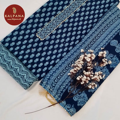 Shirt: Blue Coloured Printed With Embroidery Pure Cotton Unstitched Suit and Border.
Dupatta: Blue Color Printed Dupatta.
Bottom: Printed Blue Blended Cotton Bottom.
Perfect for Semi,Formal,Wear. 
Recommended for Summer season(s). Dry Clean Only
Shirt Fabric: 2.5 mts
Salwar Fabric: 2.4 mts
Dupatta: 2.4 mts
Country Of Origin:India
Weight: 500 gms