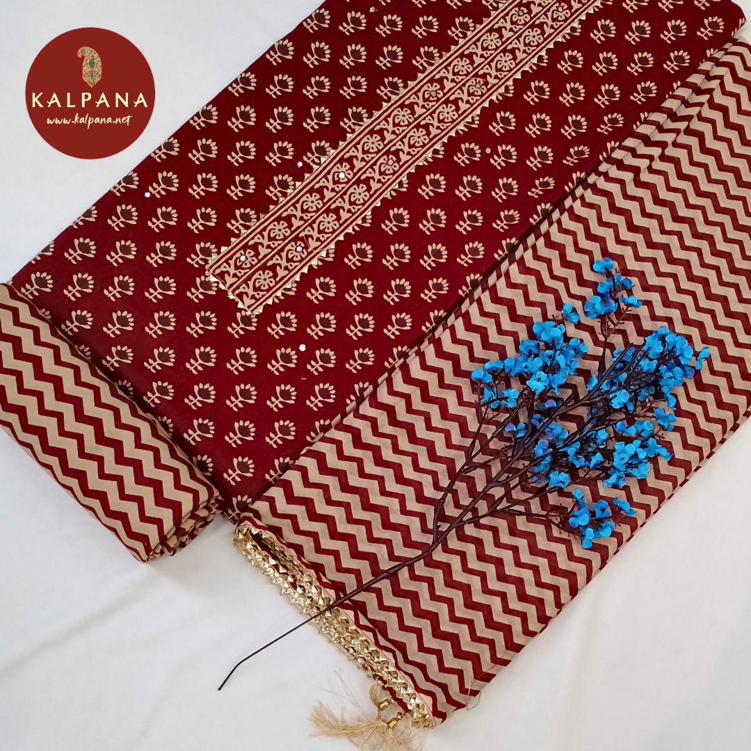 Shirt: Maroon Coloured Printed With Embroidery Pure Cotton Unstitched Suit and Border.
Dupatta: Maroon Color Printed Dupatta.
Bottom: Printed Maroon Blended Cotton Bottom.
Perfect for Semi,Formal,Wear. 
Recommended for Summer season(s). Dry Clean Only
Shirt Fabric: 2.5 mts
Salwar Fabric: 2.4 mts
Dupatta: 2.4 mts
Country Of Origin:India
Weight: 500 gms