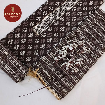 Shirt: Dark Brown Coloured Printed With Embroidery Pure Cotton Unstitched Suit and Border.
Dupatta: Dark Brown Color Printed Dupatta.
Bottom: Printed Dark Brown Blended Cotton Bottom.
Perfect for Semi,Formal,Wear. 
Recommended for Summer season(s). Dry Clean Only
Shirt Fabric: 2.5 mts
Salwar Fabric: 2.4 mts
Dupatta: 2.4 mts
Country Of Origin:India
Weight: 500 gms