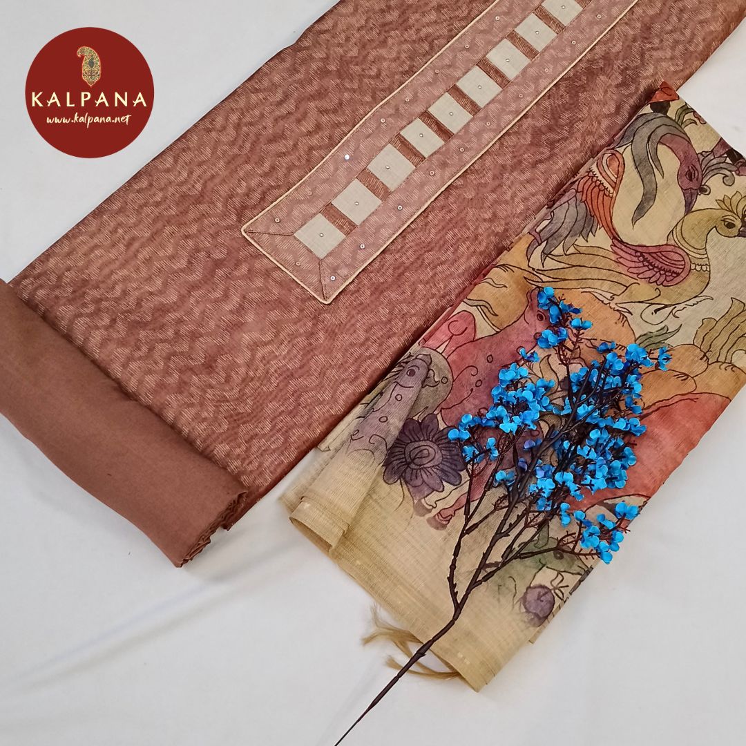Shirt: Brown Coloured Printed Blended SICO Cotton Unstitched Suit and Border.
Dupatta: Beige Color Printed Dupatta.
Bottom: Plain Brown Blended SICO Cotton Bottom.
Perfect for Semi,Formal,Wear. 
Recommended for Summer season(s). Dry Clean Only
Shirt Fabric: 2.5 mts
Salwar Fabric: 2.4 mts
Dupatta: 2.4 mts
Country Of Origin:India
Weight: 500 gms