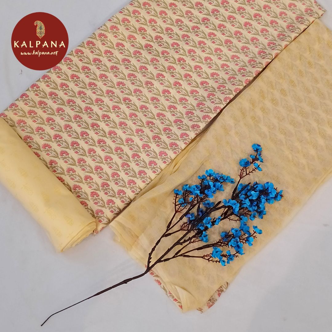 Shirt: Light Yellow Coloured Printed Pure Cotton Unstitched Suit and Border.
Dupatta: Light Yellow Color Printed Cotton Dupatta.
Bottom: Light Yellow Pure Cotton Bottom.
Perfect for Semi,Formal,Wear. 
Recommended for Summer season(s). Dry Clean Only
Shirt Fabric: 2.5 mts
Salwar Fabric: 2.4 mts
Dupatta: 2.4 mts
Country Of Origin:India
Weight: 500 gms