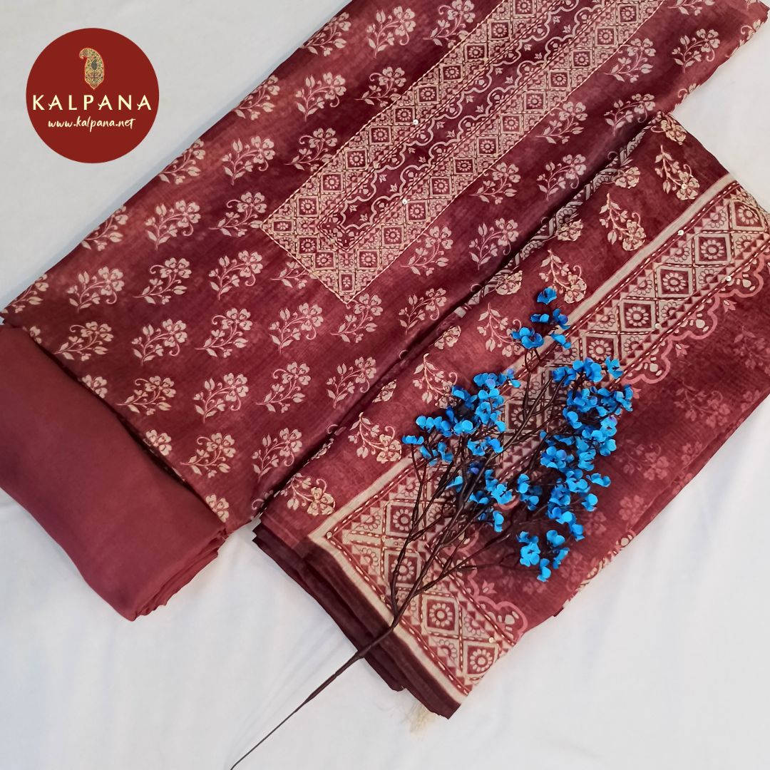 Shirt: Brown Coloured Printed With Embroidery Blended SICO Cotton Unstitched Suit and Border.
Dupatta: Brown Color Printed SICO Cotton Dupatta.
Bottom: Brown Blended SICO Cotton Bottom.
Perfect for Semi,Formal,Wear. 
Recommended for Summer season(s). Dry Clean Only
Shirt Fabric: 2.5 mts
Salwar Fabric: 2.4 mts
Dupatta: 2.4 mts
Country Of Origin:India
Weight: 500 gms