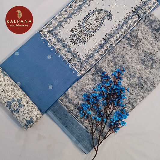 Shirt: Light Blue Coloured Embroided Pure Cotton Unstitched Suit.
Dupatta: Printed Light Blue Color Cotton Dupatta.
Bottom: Printed Light Blue Pure Cotton Bottom.
Perfect for Semi,Formal,Wear. 
Recommended for Summer season(s). Dry Clean Only
Shirt Fabric: 2.5 mts
Salwar Fabric: 2.4 mts
Dupatta: 2.4 mts
Country Of Origin:India
Weight: 250 gms