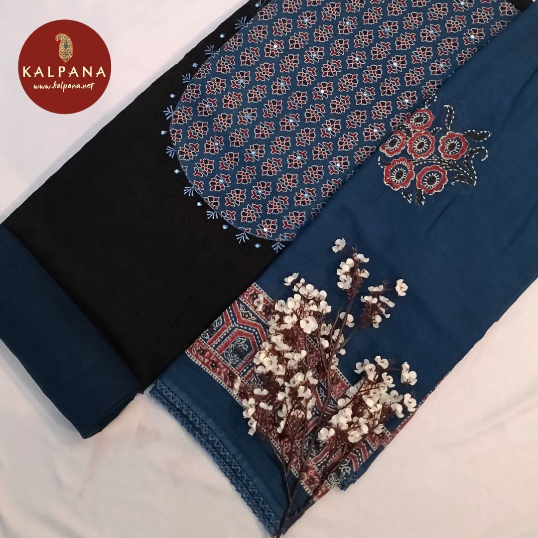 Shirt: Black Coloured Printed Embroidery Pure Cotton Unstitched Suit.
Dupatta: Printed Dark Blue Color Embroidery Cotton Dupatta.
Bottom: Plain Dark Blue Pure Cotton Bottom.
Perfect for Semi,Formal,Wear. 
Recommended for Summer season(s). Dry Clean Only
Shirt Fabric: 2.5 mts
Salwar Fabric: 2.4 mts
Dupatta: 2.4 mts
Country Of Origin:India
Weight: 250 gms