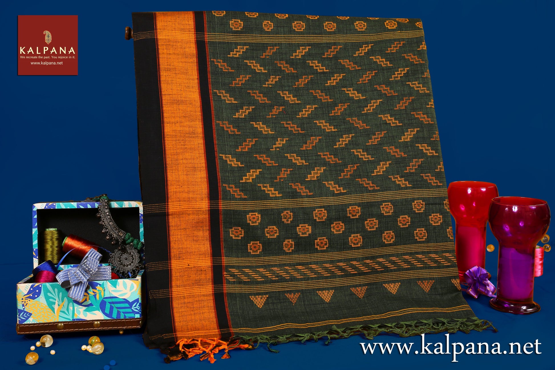  Handloom Pure Cotton Saree with All Over Motifs and Woven Border. The Palla is  Woven. It comes with Self Colored Plain Unstitched Blouse with Woven Border. Perfect for Work Wear.  Recommended for Summer season(s). Dry Clean Only