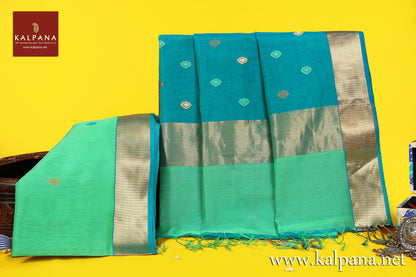 Maheshwari Handloom Pure Cotton Saree with All Over Motifs and Woven Zari Border. The Palla is  Woven Zari. It comes with Contrast Colored Plain Unstitched Blouse with Woven Border. Perfect for Work Wear.  Recommended for Summer season(s). Dry Clean Only