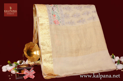 Embroidery Pure Chiffon Saree with All Over Motifs and Embroidered Border. The Palla is  Woven Zari. It comes with Self Colored Tissue Unstitched Blouse with Zari Border. Perfect for Semi Formal Wear. Embroidered Recommended for all season(s). Dry Clean Only