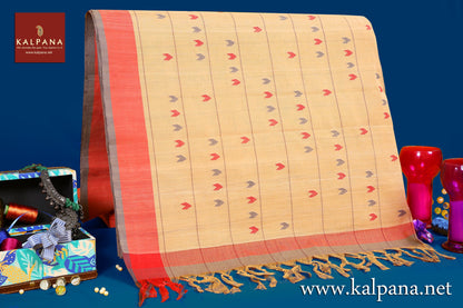  Handloom Pure Cotton Saree with All Over Motifs and Woven Border. The Palla is  Woven. It comes with Self Colored Woven Unstitched Blouse with Woven Border. Perfect for Casual Wear.  Recommended for Summer season(s). Dry Clean Only
