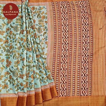 Seafoam Green Printed Blended Tussar Silk Saree with Zari Border. The Palla is Printed. The Contrast colored Plain Unstitched Blouse has Zari Border Perfect for Multi Occasion Wear in Festive season(s). Dry Clean Only.Saree 5.4 mtsBlouse 0.8 mtsCountry Of Origin:IndiaWeight: 500 gms