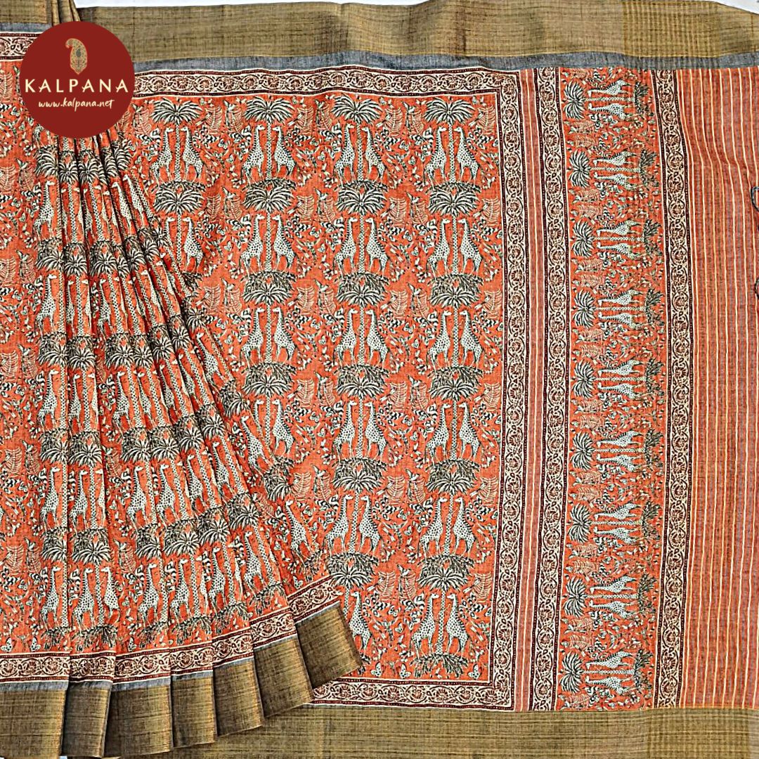 Orange Printed Blended Tussar Silk Saree with Zari Border. The Palla is Printed. The Contrast colored Plain Unstitched Blouse has Zari Border Perfect for Multi Occasion Wear in Festive season(s). Dry Clean Only.
Saree 5.4 mts
Blouse 0.8 mts
Country Of Origin:India
Weight: 500 gms