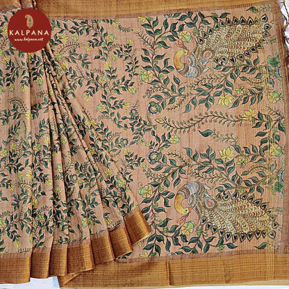 Light Tussar Beige Printed Blended Tussar Silk Saree with Zari Border. The Palla is Printed. The Contrast colored Plain Unstitched Blouse has Zari Border Perfect for Multi Occasion Wear in Festive season(s). Dry Clean Only.Saree 5.4 mtsBlouse 0.8 mtsCountry Of Origin:IndiaWeight: 500 gms