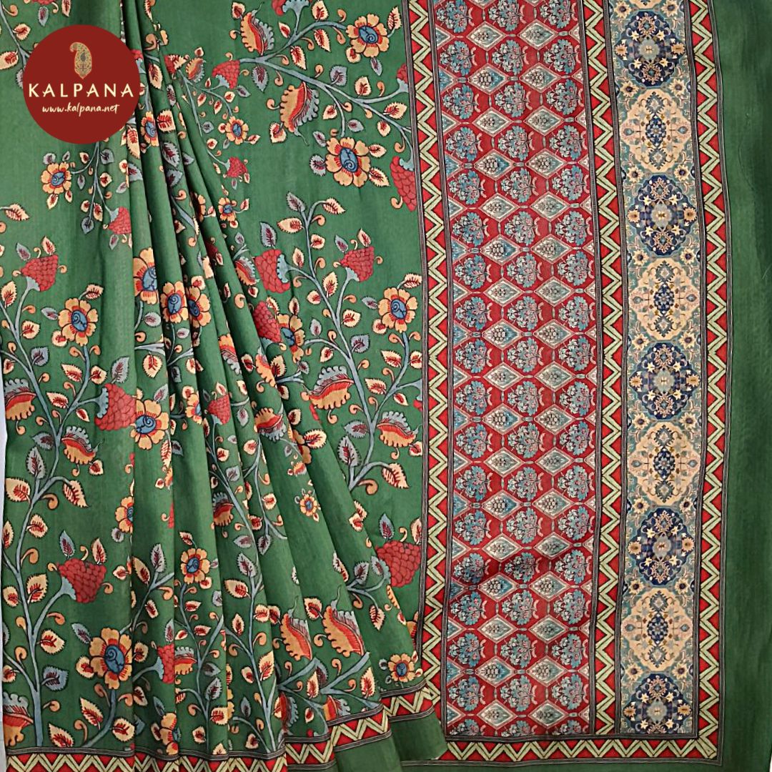 Green Printed Blended Tussar Silk Saree with Printed Border.The Self colored Printed Unstitched Blouse has Printed Border Perfect for Multi Occasion Wear in Festive season(s). Dry Clean Only.Saree 5.4 mtsBlouse 0.8 mtsCountry Of Origin:IndiaWeight: 500 gms