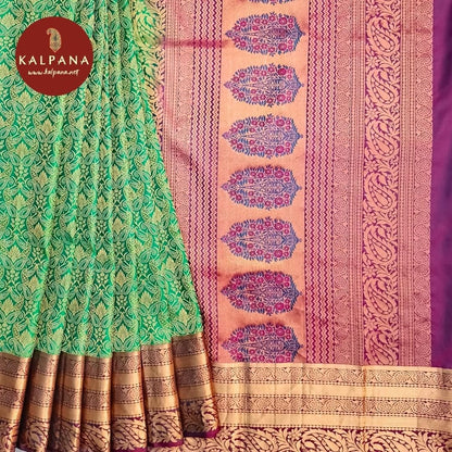 Green Bangalore Handloom Pure SICO Silk Saree with Zari Border. The Palla is Zari. The Contrast colored Plain Unstitched Blouse with woven border has Zari Border Perfect for Semi Formal Wear in Summer season(s). Dry Clean Only.
Saree 5.4 mts
Blouse 0.8 mts
Country Of Origin:India
Weight: 500 gms