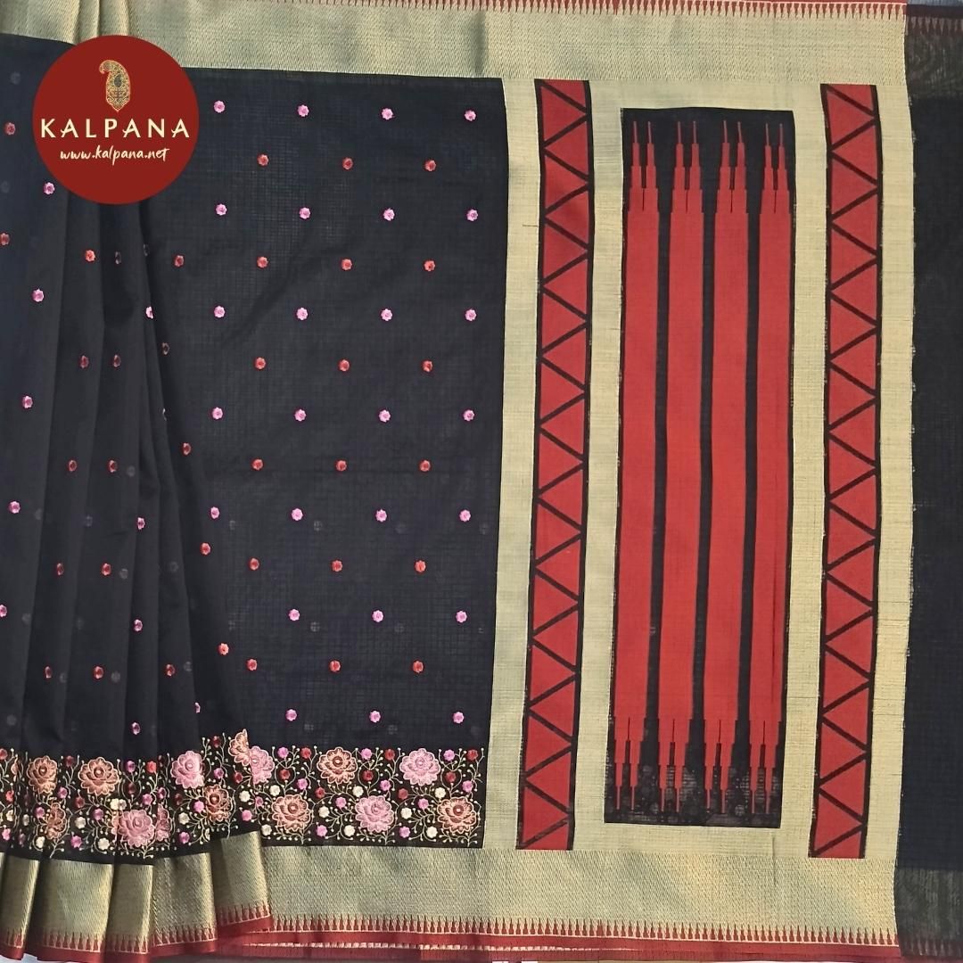 Black Embroidery Blended SICO Cotton Saree with Woven Zari Border. The Palla is Woven. The Contrast colored Woven Jacket has Zari Border Perfect for Semi Formal Wear in Summer season(s). Dry Clean Only.
Saree 5.4 mts
Blouse 0.8 mts
Country Of Origin:India
Weight: 500 gms