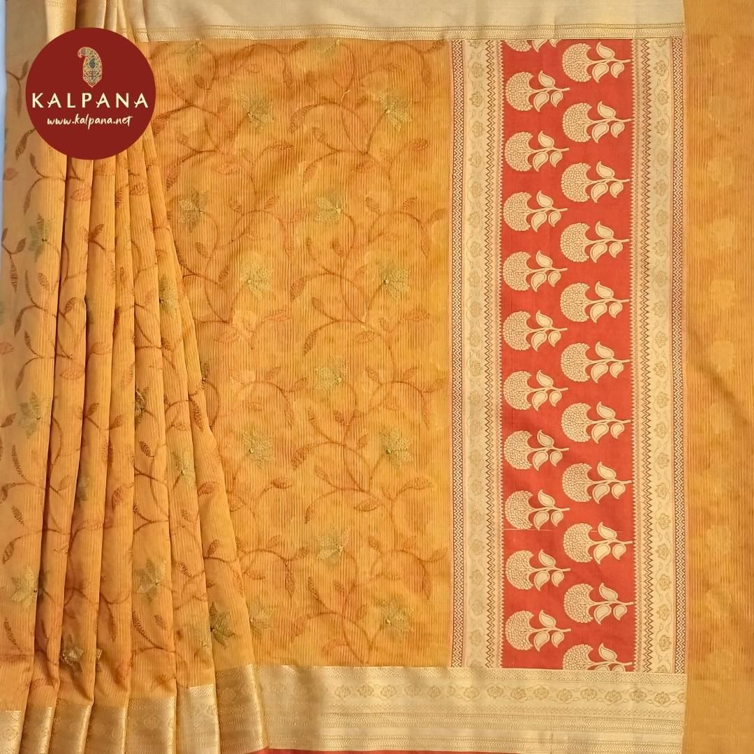 Orange Embroidery Blended SICO Cotton Saree with Woven Zari Border. The Palla is Woven Zari. The Self colored Woven Zari Unstitched Blouse with woven border has Woven Border Perfect for Semi Formal Wear in Summer season(s). Dry Clean Only.
Saree 5.4 mts
Blouse 0.8 mts
Country Of Origin:India
Weight: 500 gms